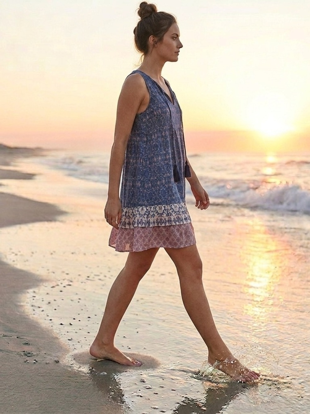 Boho blue feminine summer tiered minidress medium